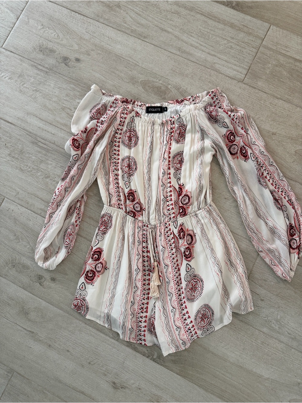 Off Shoulder Romper with Red Paisley Print